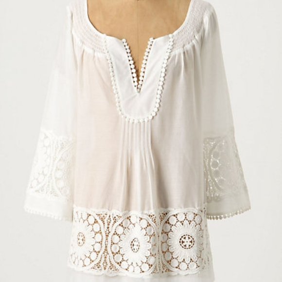 Anthropologie White Silky Embroidered Tunic, S - Picture 1 of 12